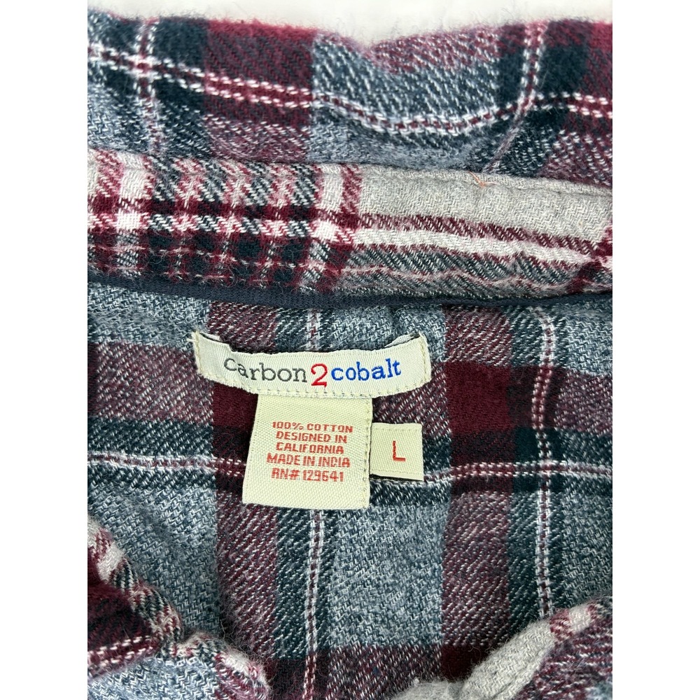Carbon 2 Cobalt Mens Large Full Zip Flannel Shirt Jacket Plaid Burgundy Grey L - Picture 4 of 9